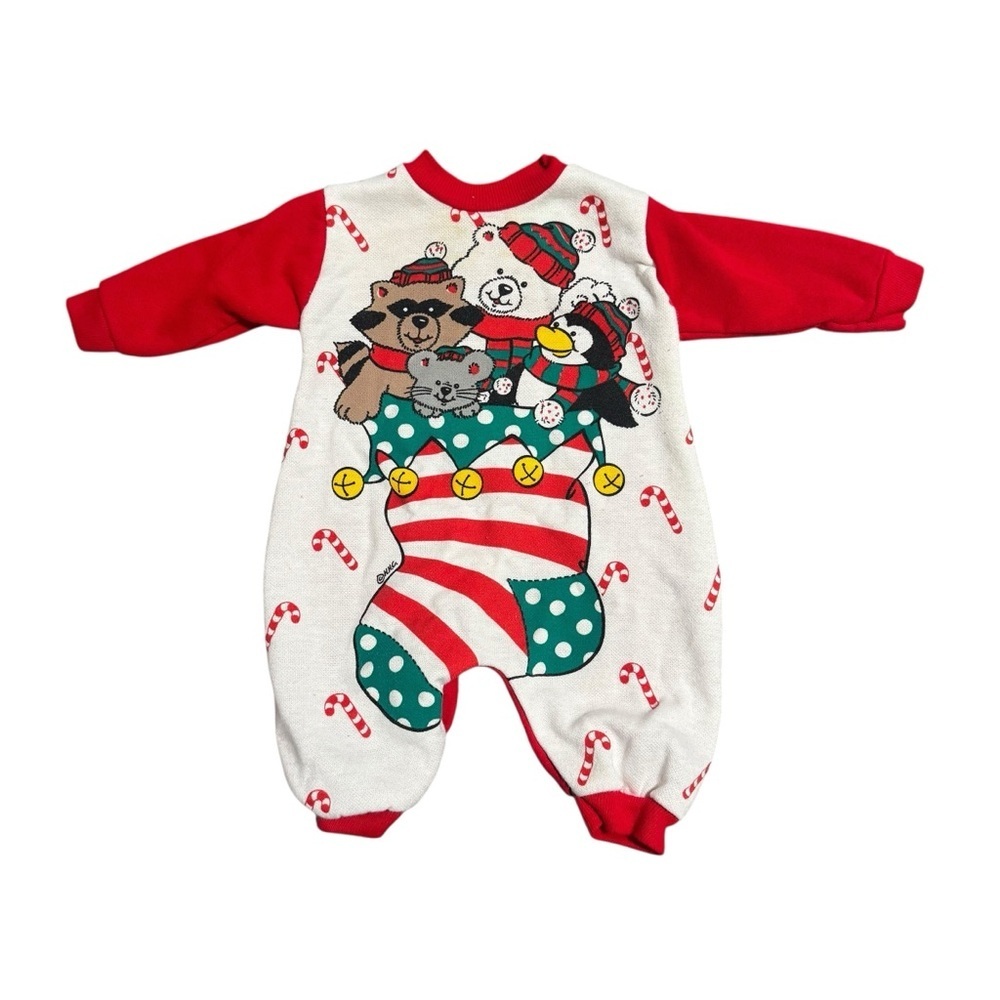 Vintage Santa's Club Critter Stocking Christmas Romper Children's Graphic 3-6 MO
